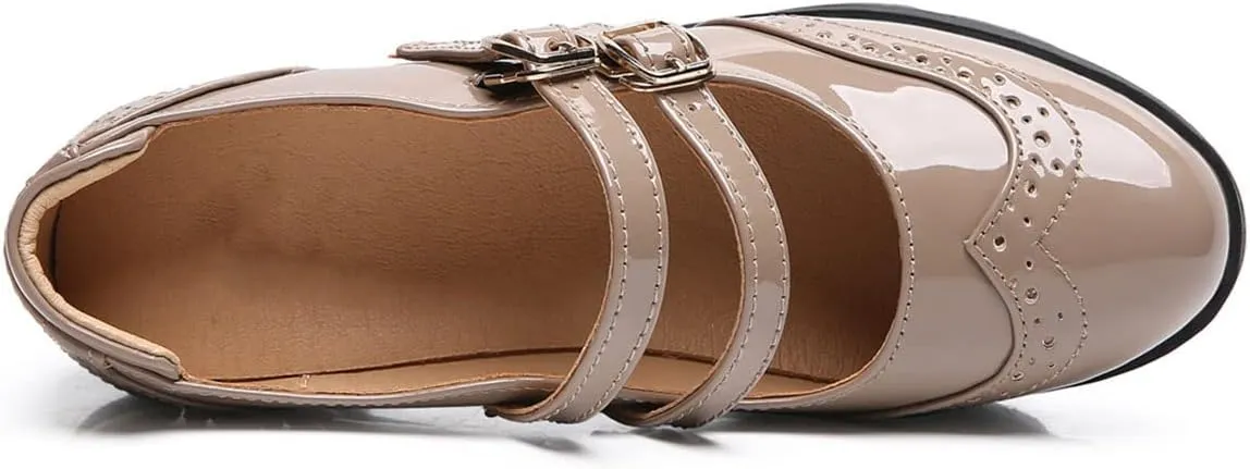 SHEMEE Women's Chunky Platform Patent Leather Mary Janes Pumps Buckle Ankle Strap Block High Heels Wingtip Oxfords Dress Shoes Uniform