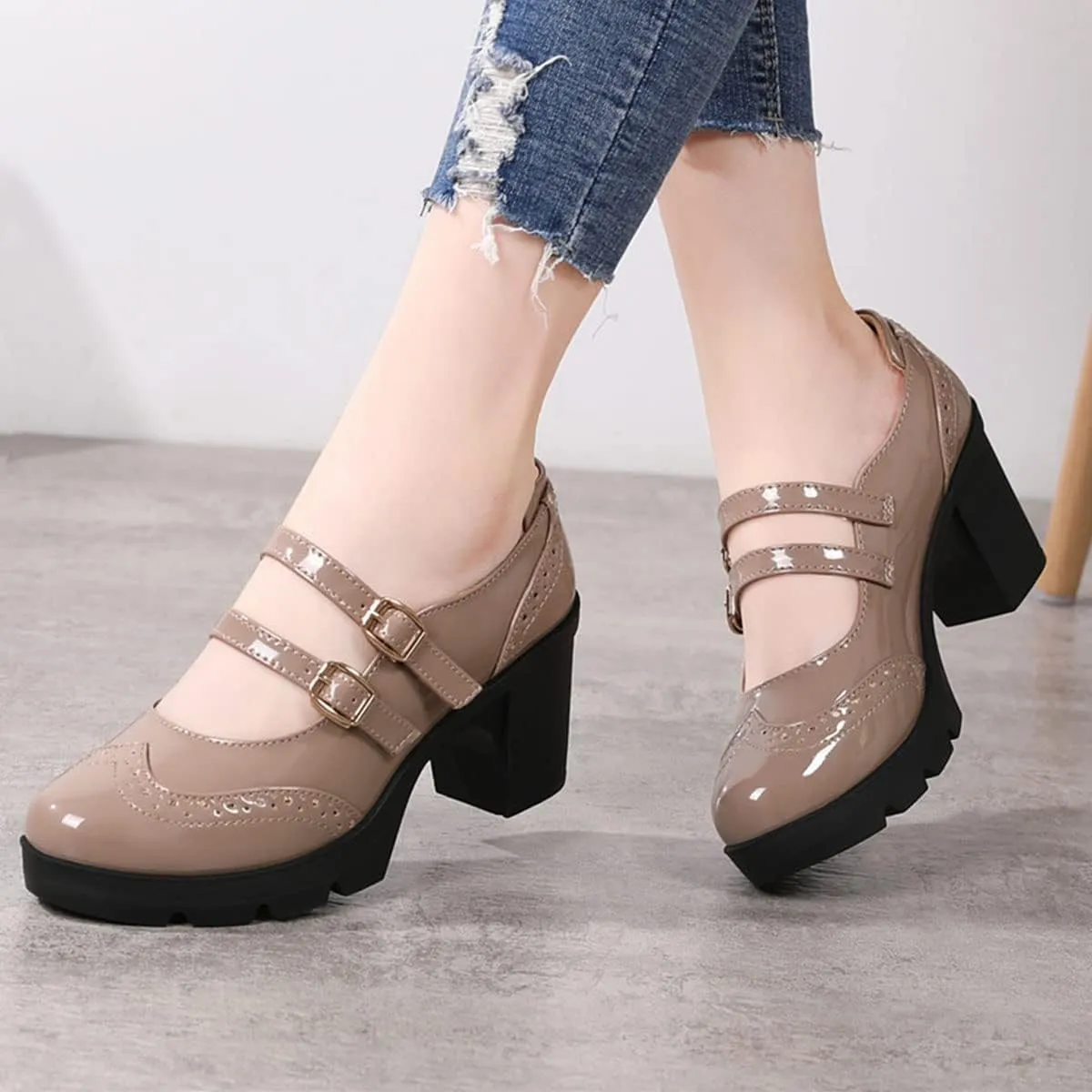 SHEMEE Women's Chunky Platform Patent Leather Mary Janes Pumps Buckle Ankle Strap Block High Heels Wingtip Oxfords Dress Shoes Uniform