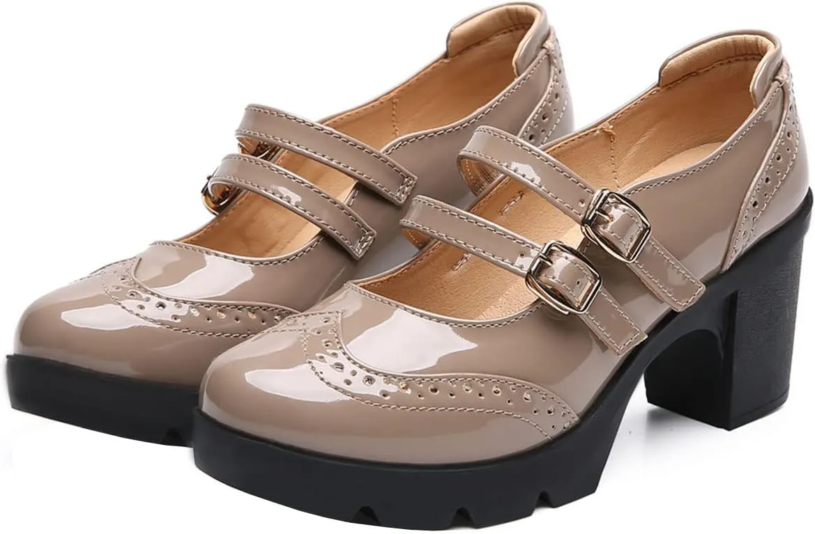 SHEMEE Women's Chunky Platform Patent Leather Mary Janes Pumps Buckle Ankle Strap Block High Heels Wingtip Oxfords Dress Shoes Uniform