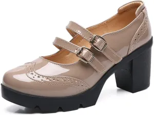 SHEMEE Women's Chunky Platform Patent Leather Mary Janes Pumps Buckle Ankle Strap Block High Heels Wingtip Oxfords Dress Shoes Uniform