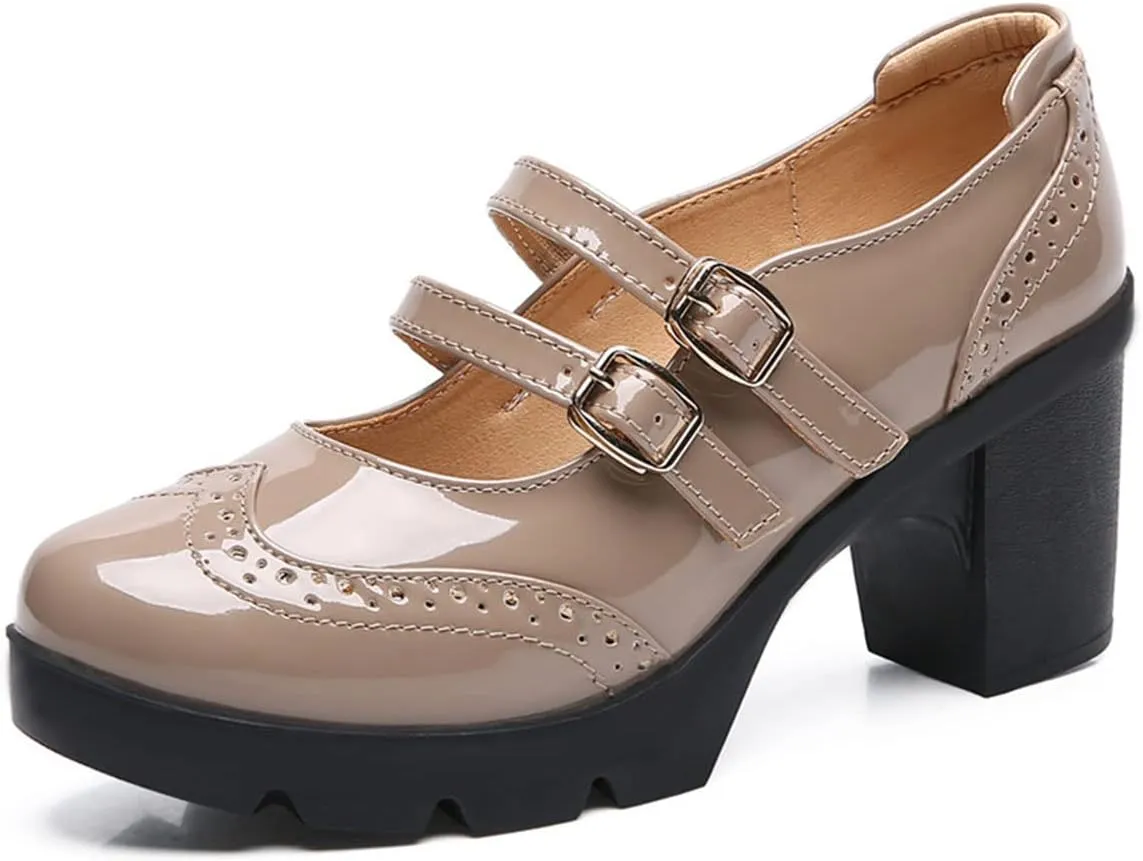 SHEMEE Women's Chunky Platform Patent Leather Mary Janes Pumps Buckle Ankle Strap Block High Heels Wingtip Oxfords Dress Shoes Uniform