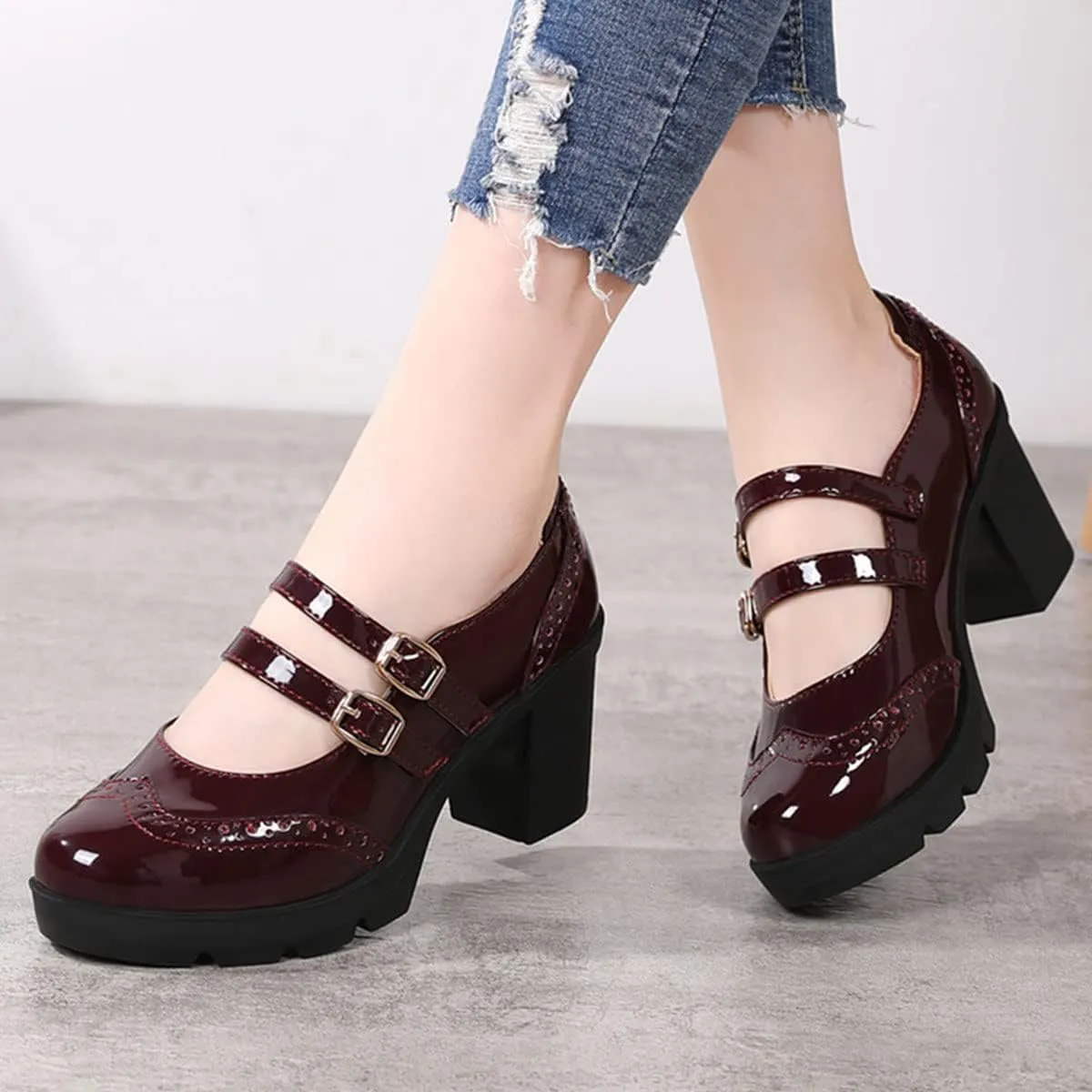 SHEMEE Women's Chunky Platform Patent Leather Mary Janes Pumps Buckle Ankle Strap Block High Heels Wingtip Oxfords Dress Shoes Uniform