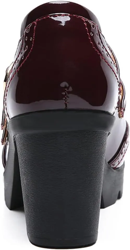 SHEMEE Women's Chunky Platform Patent Leather Mary Janes Pumps Buckle Ankle Strap Block High Heels Wingtip Oxfords Dress Shoes Uniform