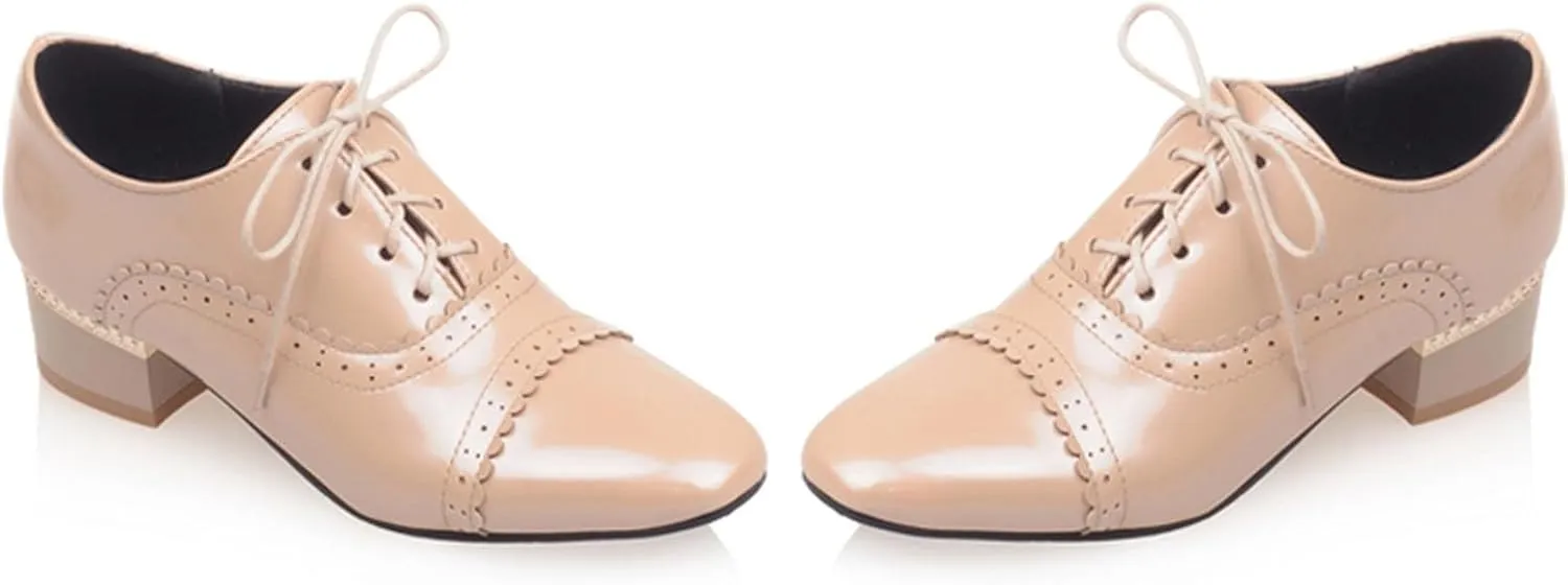SHEMEE Women's Patent Leather Pointed Toe Flat Oxfords Pumps Vintage Wingtip Low Heels Lace Up Retro Brogues Dress Shoes