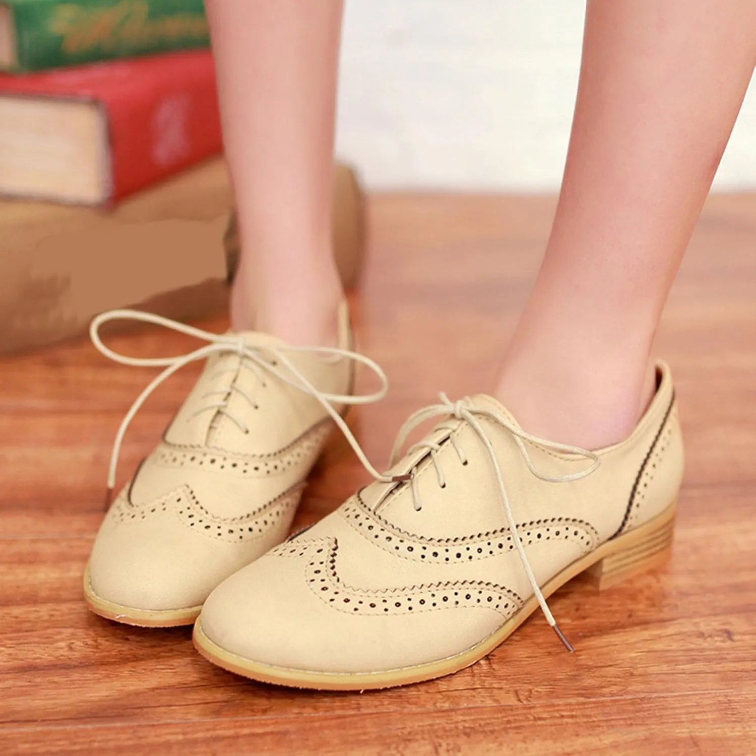 Vintage Wingtip Oxfords Chunky Low Heels Brogues Lace Up Round Toe Pump Dress Shoes