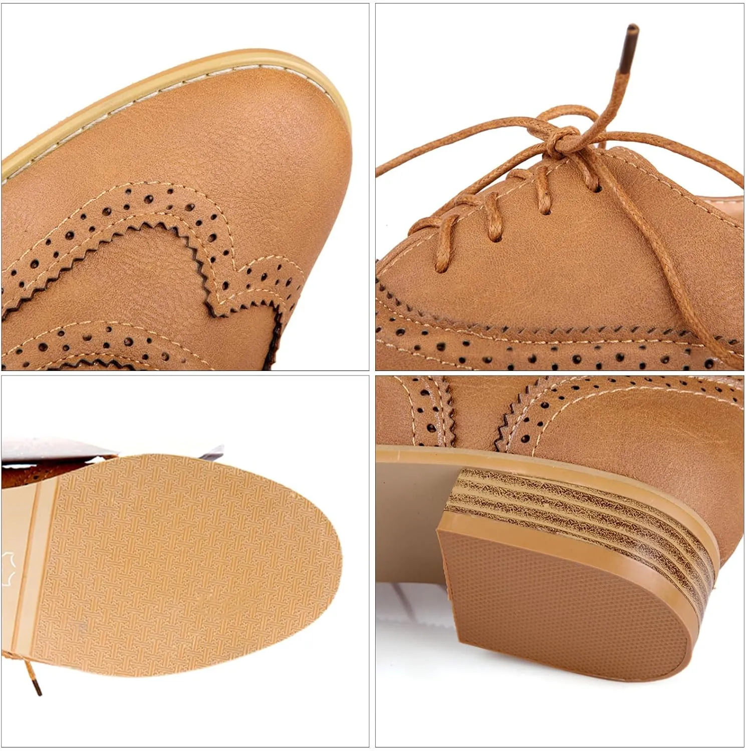Vintage Wingtip Oxfords Chunky Low Heels Brogues Lace Up Round Toe Pump Dress Shoes