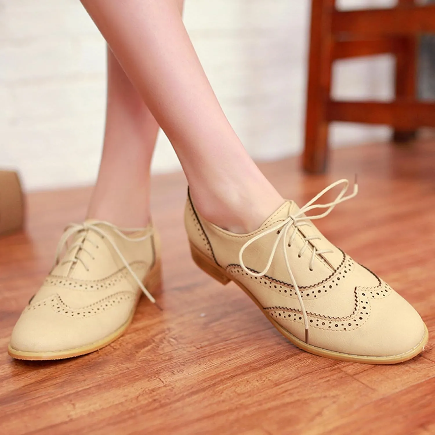 Vintage Wingtip Oxfords Chunky Low Heels Brogues Lace Up Round Toe Pump Dress Shoes