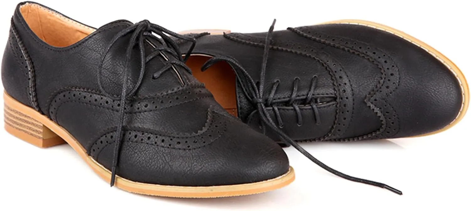 Vintage Wingtip Oxfords Chunky Low Heels Brogues Lace Up Round Toe Pump Dress Shoes
