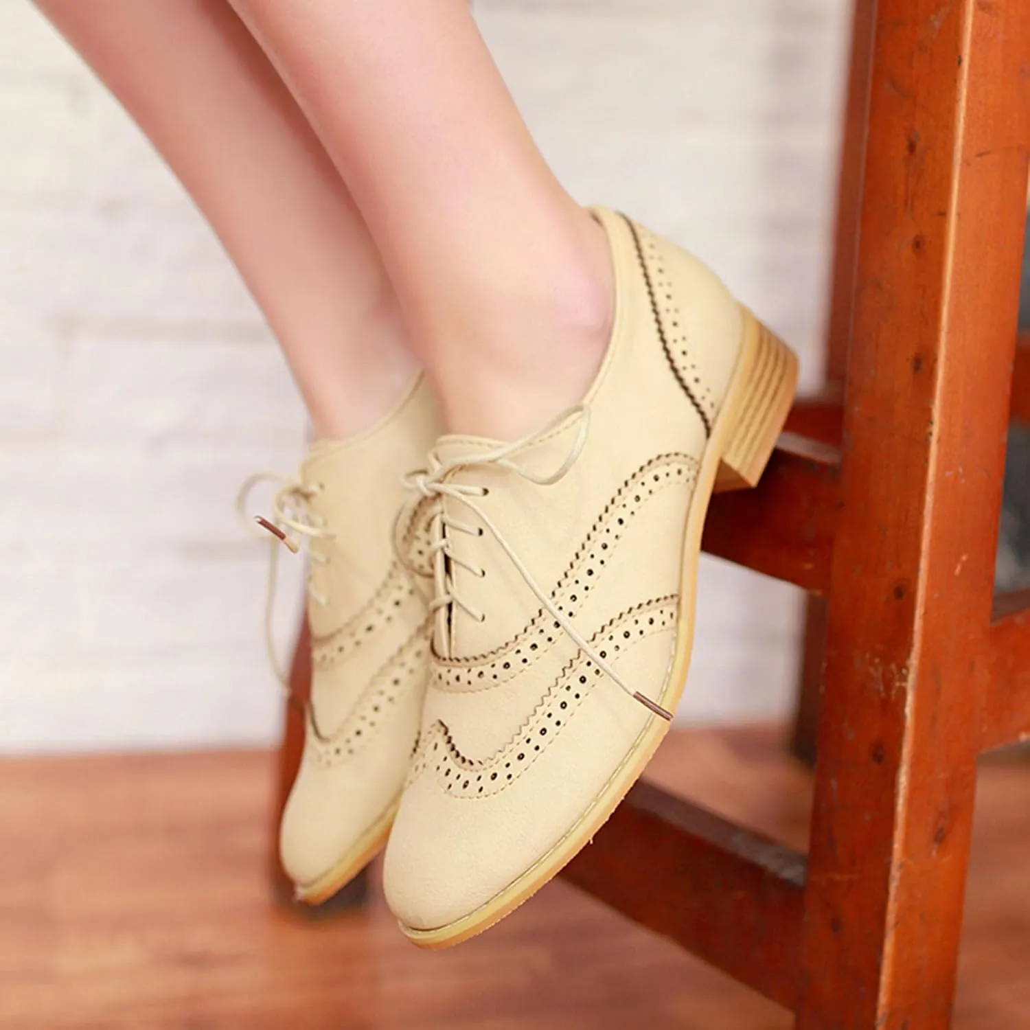 Vintage Wingtip Oxfords Chunky Low Heels Brogues Lace Up Round Toe Pump Dress Shoes