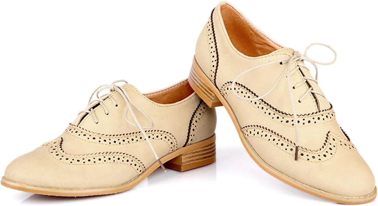 Vintage Wingtip Oxfords Chunky Low Heels Brogues Lace Up Round Toe Pump Dress Shoes