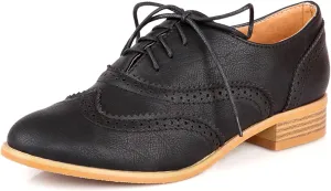 Vintage Wingtip Oxfords Chunky Low Heels Brogues Lace Up Round Toe Pump Dress Shoes