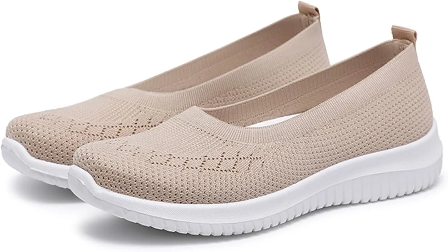 Walking Shoes for Women Summer Breathable Mesh Hollow Out Knitted Flats Casual Comfortable Slip On Soft Sole Sneakers Athletic Walking Sneakers with Arch Support
