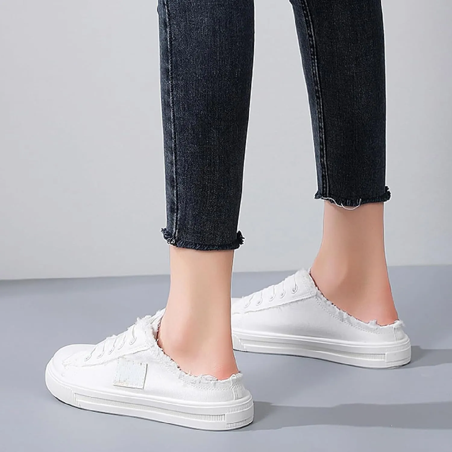 Women Canvas Mules Fashion Casual Slip on Solid Color Canvas Slippers Summer Lightweight Closed Toe Open Back Low Top and Lace up Walking Shoes Classic Comfort Flats