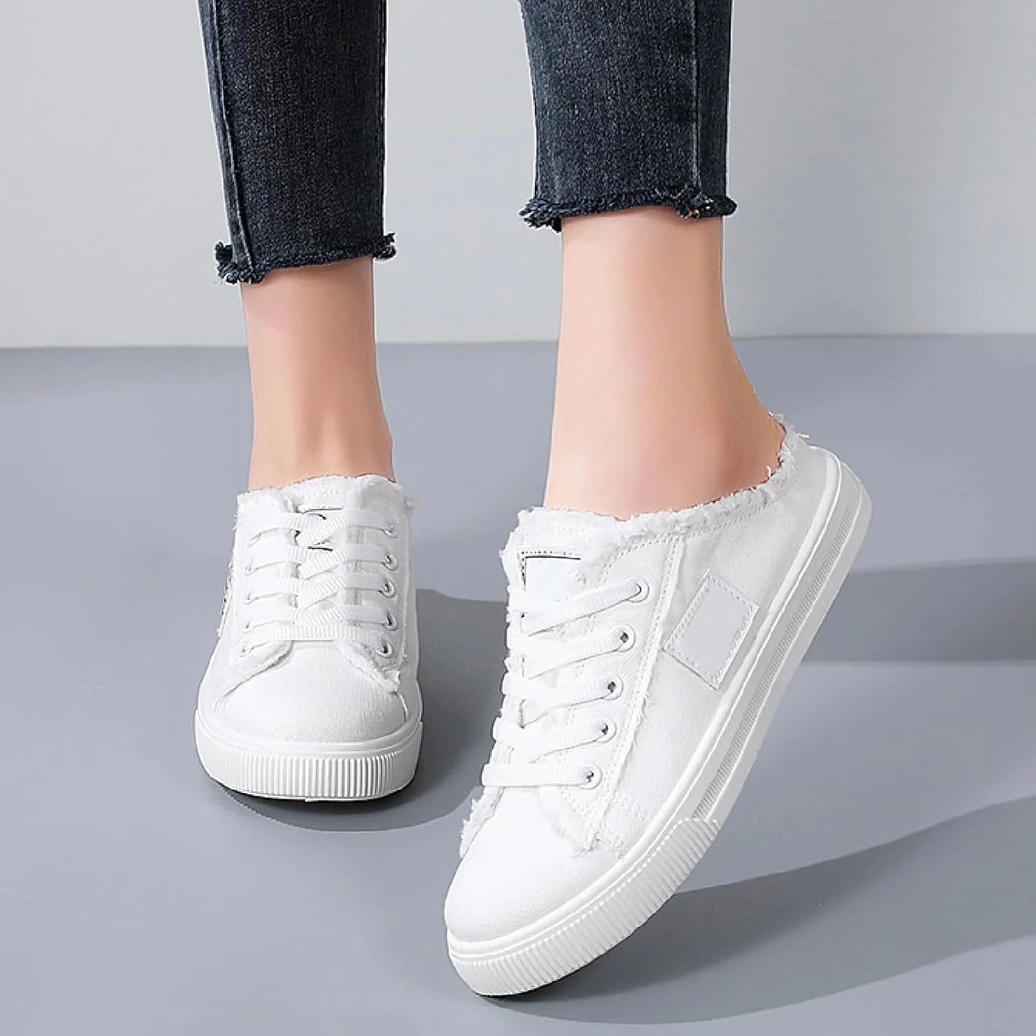 Women Canvas Mules Fashion Casual Slip on Solid Color Canvas Slippers Summer Lightweight Closed Toe Open Back Low Top and Lace up Walking Shoes Classic Comfort Flats