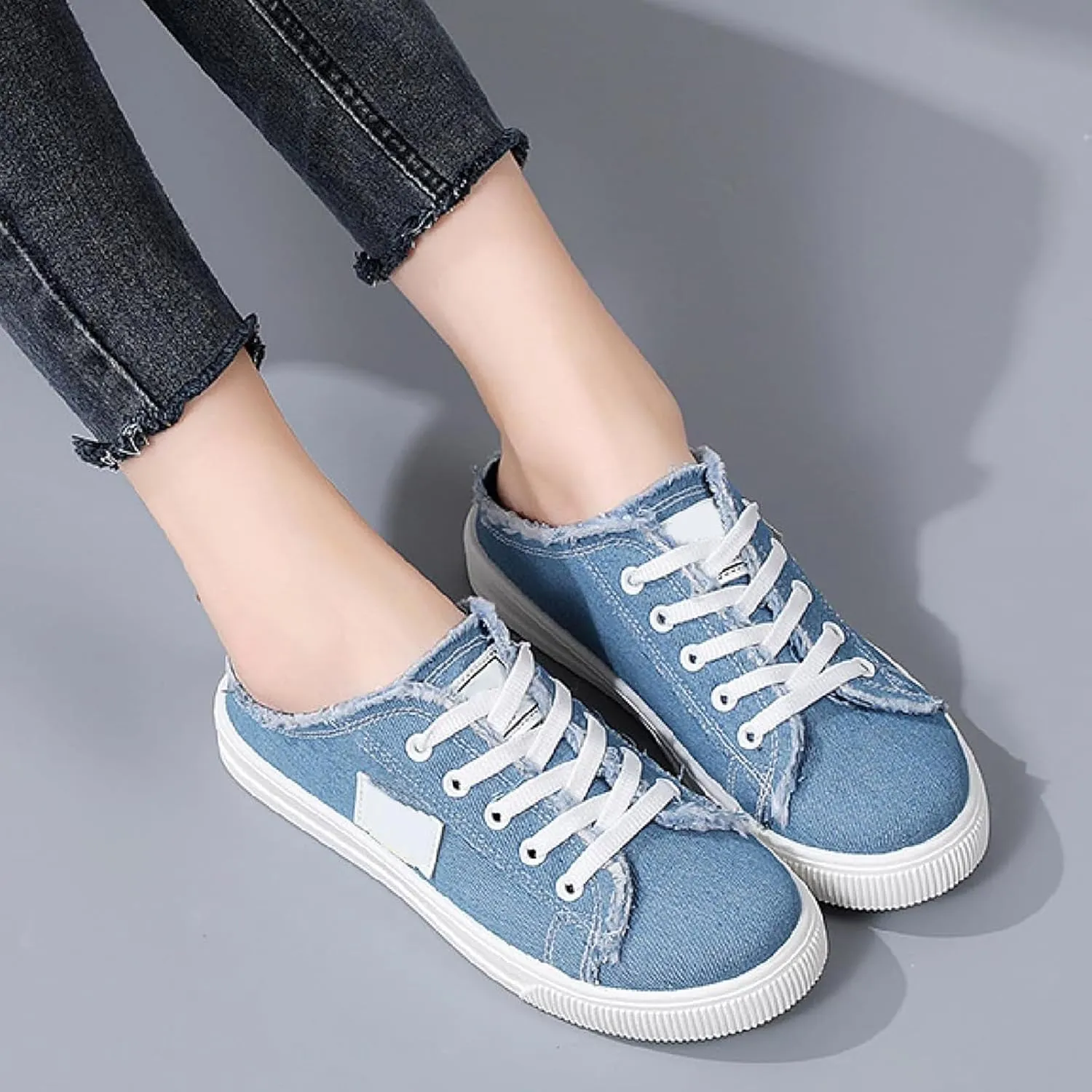 Women Canvas Mules Fashion Casual Slip on Solid Color Canvas Slippers Summer Lightweight Closed Toe Open Back Low Top and Lace up Walking Shoes Classic Comfort Flats