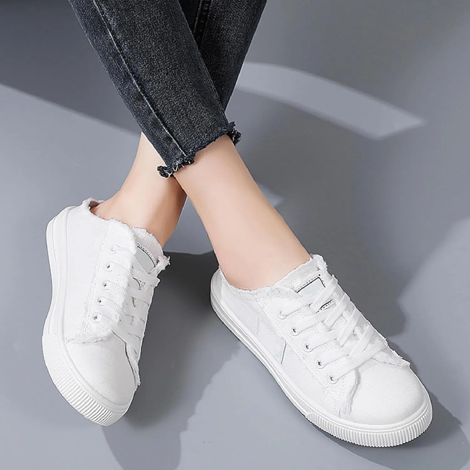 Women Canvas Mules Fashion Casual Slip on Solid Color Canvas Slippers Summer Lightweight Closed Toe Open Back Low Top and Lace up Walking Shoes Classic Comfort Flats