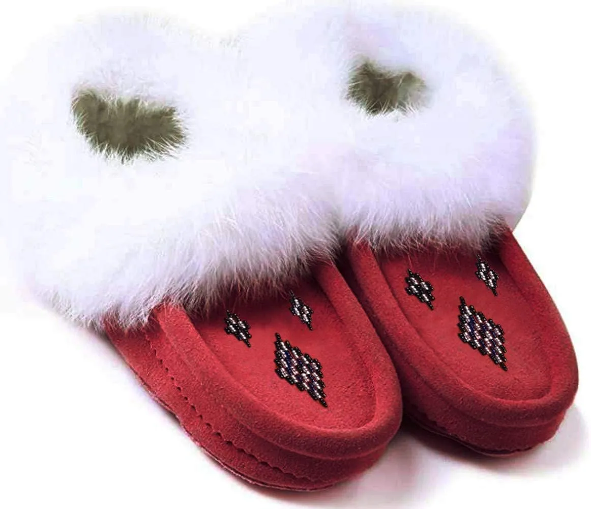 Women Moccasins Indoor Slippers of Soft Sole Fleece Lined Rabbit Fur Trim
