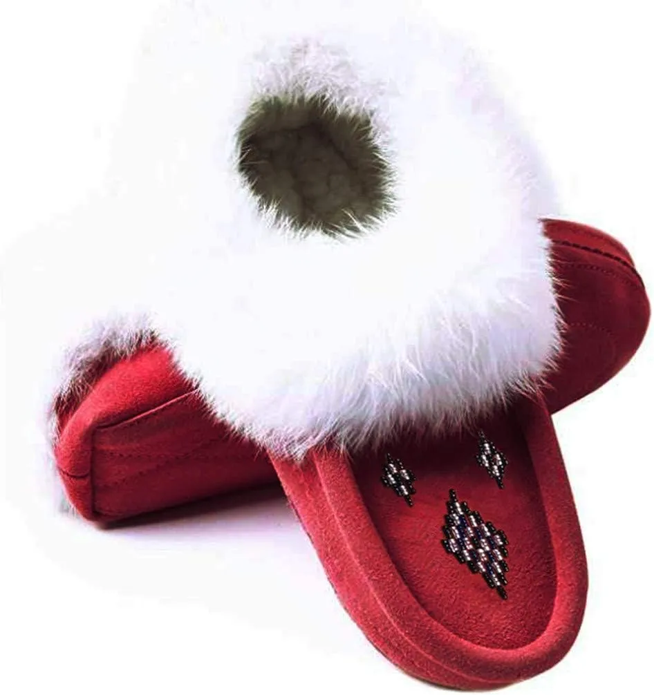Women Moccasins Indoor Slippers of Soft Sole Fleece Lined Rabbit Fur Trim