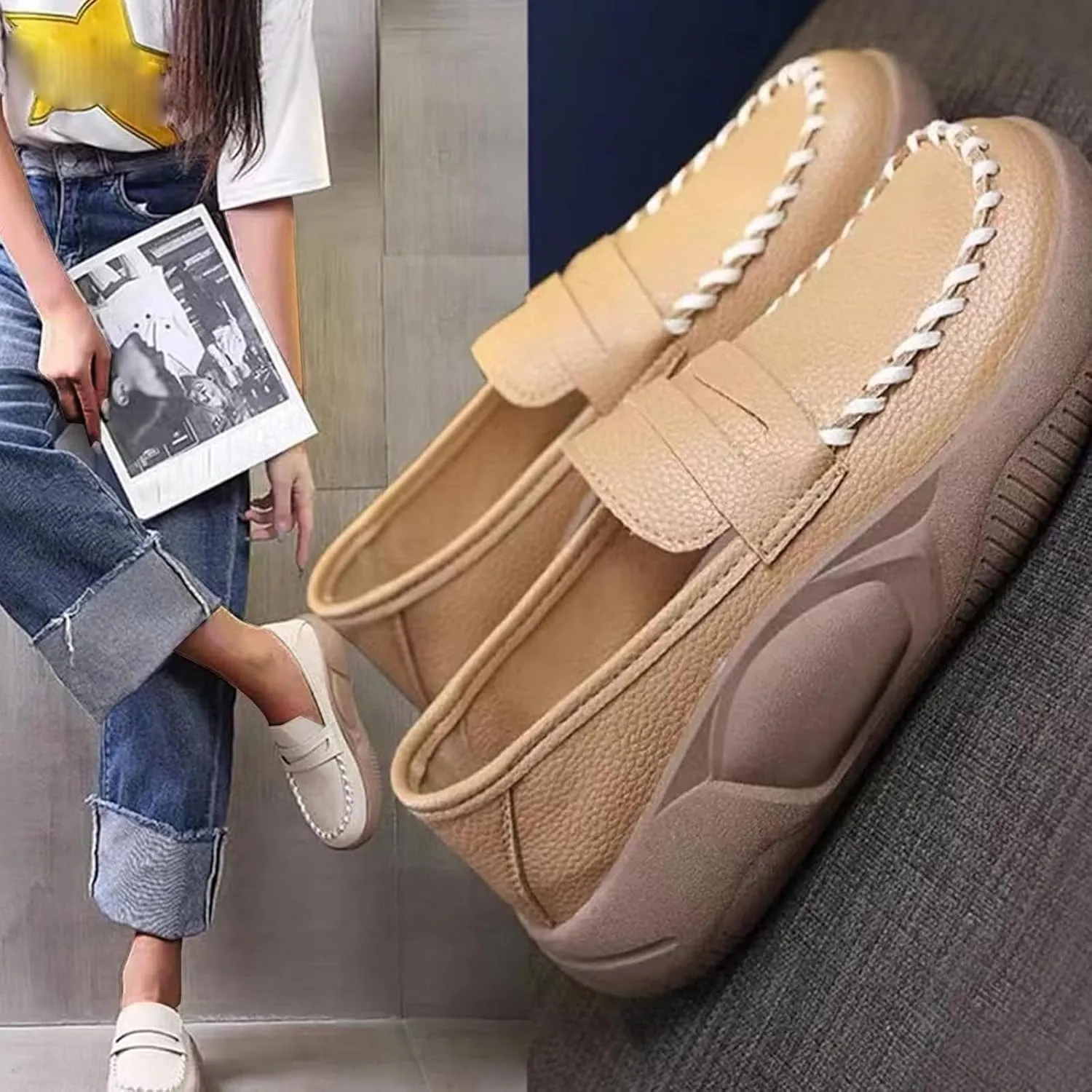 Women's Air-Cushion Orthopedic Shoes Comfort Round Toe Lightweight Soft Sole Walking Flats Casual Slip On Increase Height Platform Nurse Shoe with Arch Support