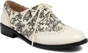 Women's Brogues Lace up Oxford Western Shoes Closed Round Toe Classic Party Comfortable Business Oxfords Chunky Dating Wedding Vintage Floral-Printed Low Block Heeled All Weather Heels