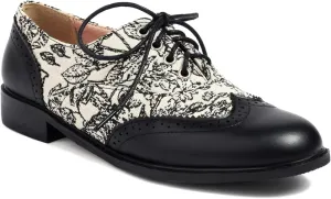 Women's Brogues Lace up Oxford Western Shoes Closed Round Toe Classic Party Comfortable Business Oxfords Chunky Dating Wedding Vintage Floral-Printed Low Block Heeled All Weather Heels