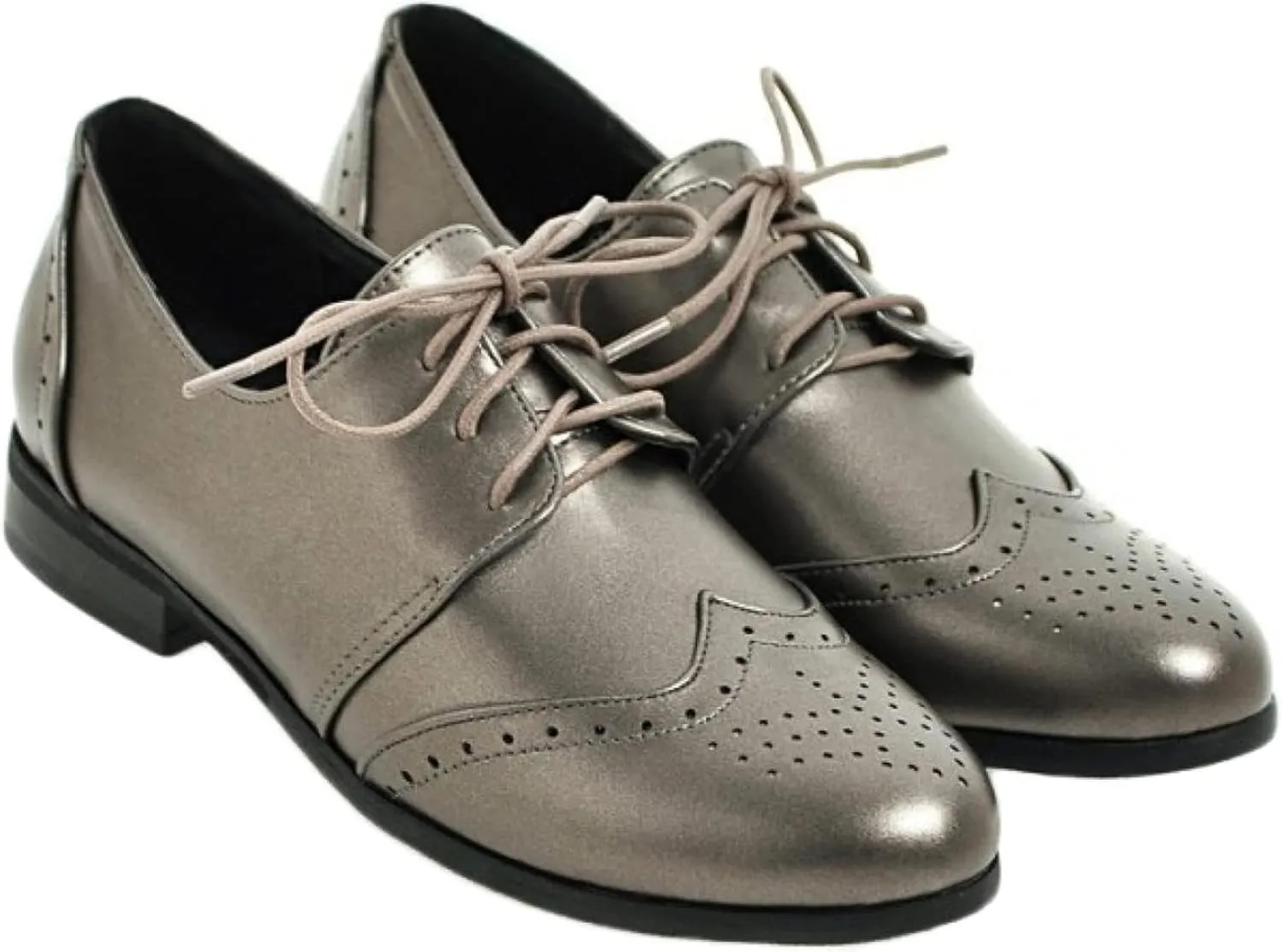 Women's Casual Low Heel Brogue Shoes, Lace up Perforated Oxford Shoes, Comfortable Round Toe Office Dress Shoes