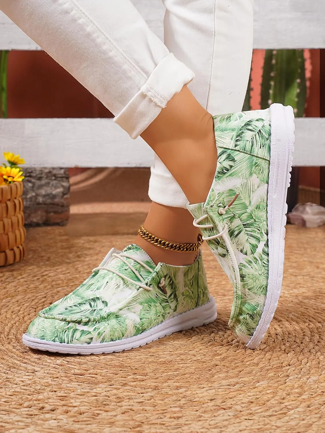 Women's Comfortable Boho Print Lace-up Loafers Wide Width Slip on Sneakers Orthopedic Women Boat Shoes Lightweight Arch Support Walking Shoes
