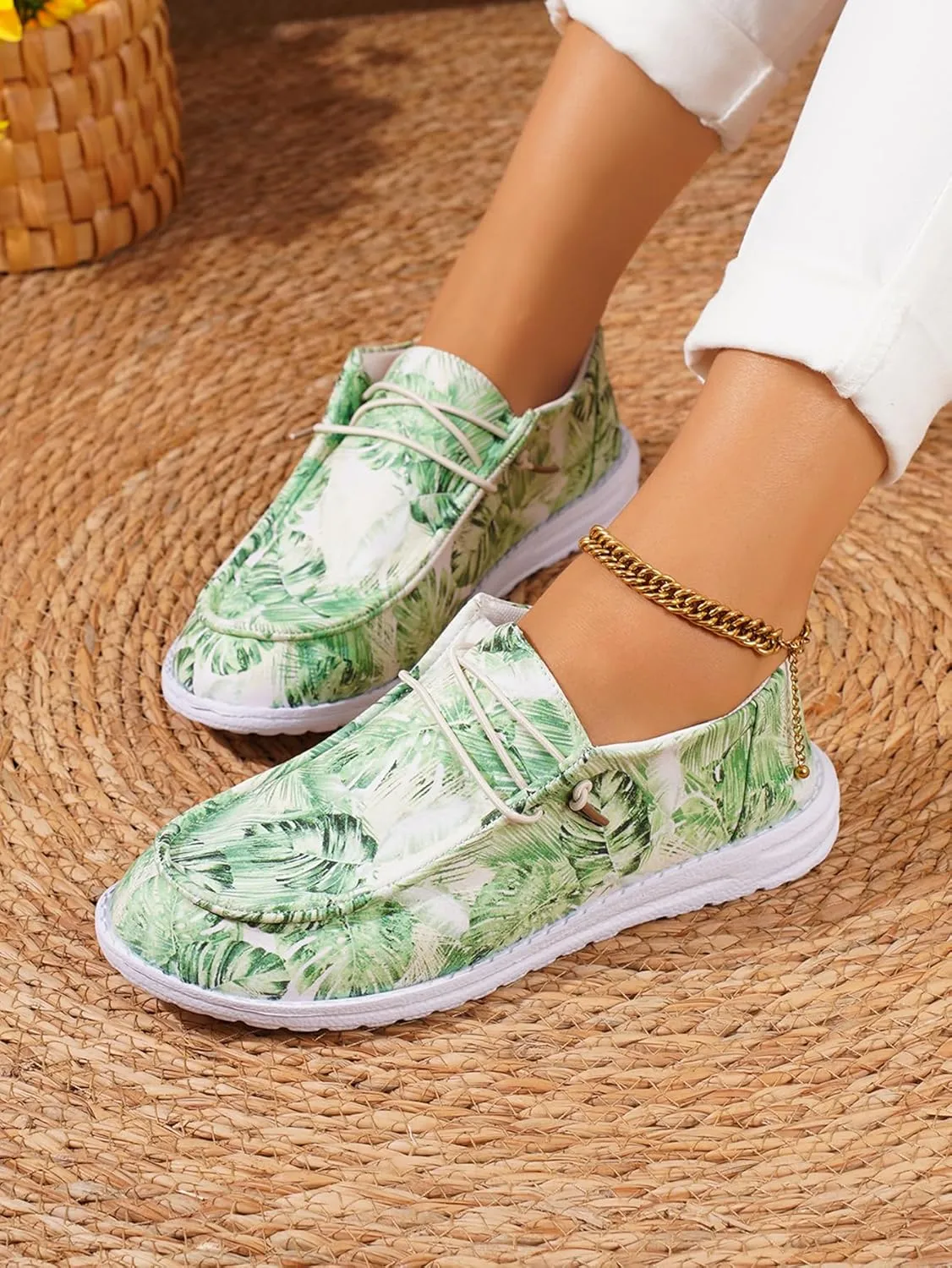 Women's Comfortable Boho Print Lace-up Loafers Wide Width Slip on Sneakers Orthopedic Women Boat Shoes Lightweight Arch Support Walking Shoes
