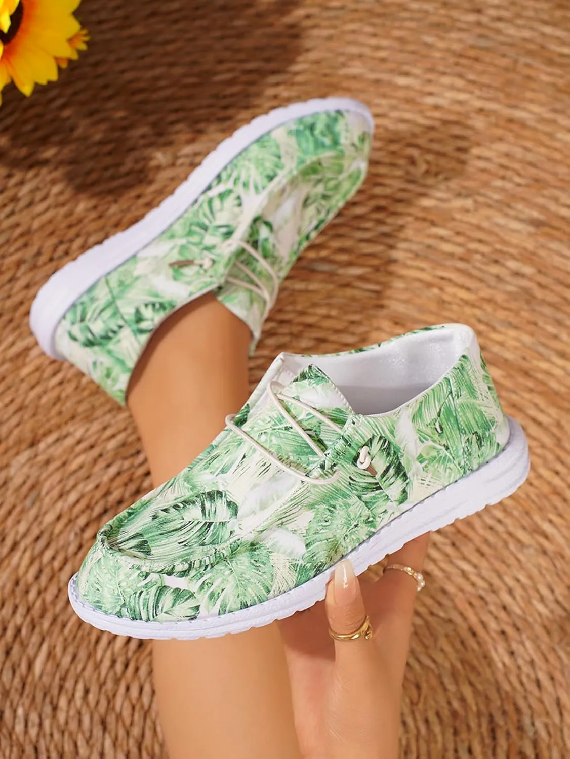 Women's Comfortable Boho Print Lace-up Loafers Wide Width Slip on Sneakers Orthopedic Women Boat Shoes Lightweight Arch Support Walking Shoes