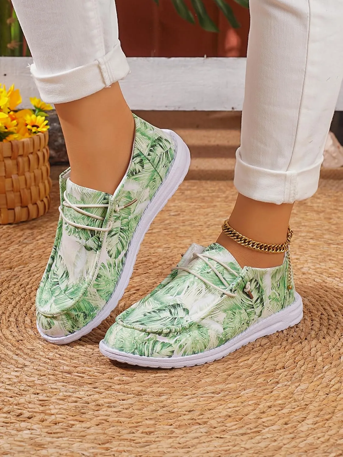 Women's Comfortable Boho Print Lace-up Loafers Wide Width Slip on Sneakers Orthopedic Women Boat Shoes Lightweight Arch Support Walking Shoes