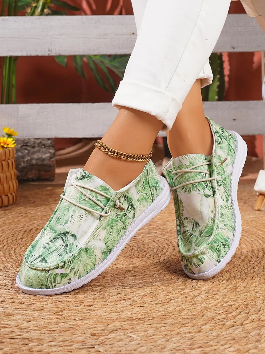 Women's Comfortable Boho Print Lace-up Loafers Wide Width Slip on Sneakers Orthopedic Women Boat Shoes Lightweight Arch Support Walking Shoes