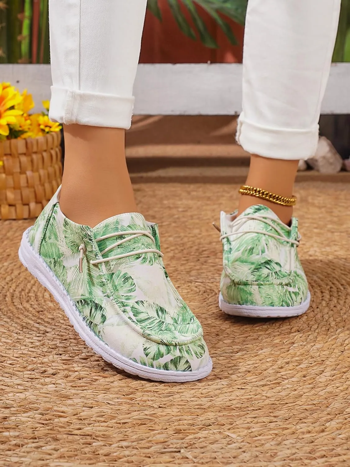 Women's Comfortable Boho Print Lace-up Loafers Wide Width Slip on Sneakers Orthopedic Women Boat Shoes Lightweight Arch Support Walking Shoes