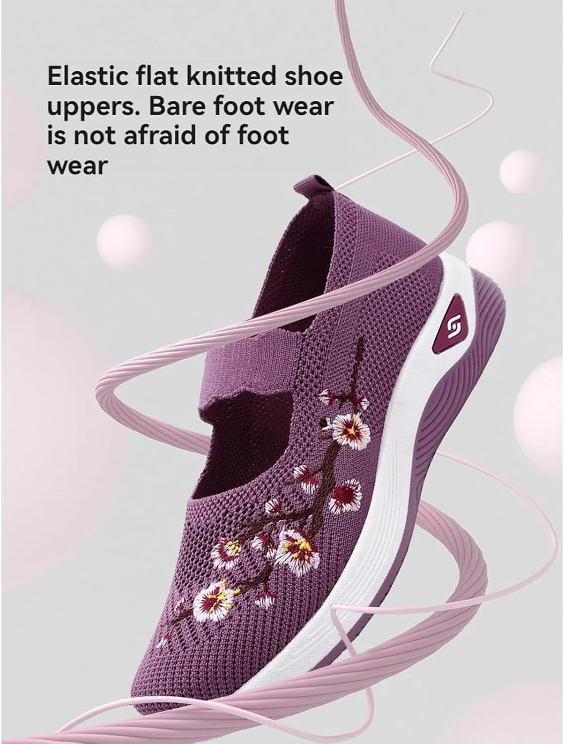 Women's Flower Embroidered Knitting Flat Loafers Casual Breathable Mesh Slip-On Orthopedic Shoes Lightweight Comfortable Soft Sole Walking Shoes with Arch Support