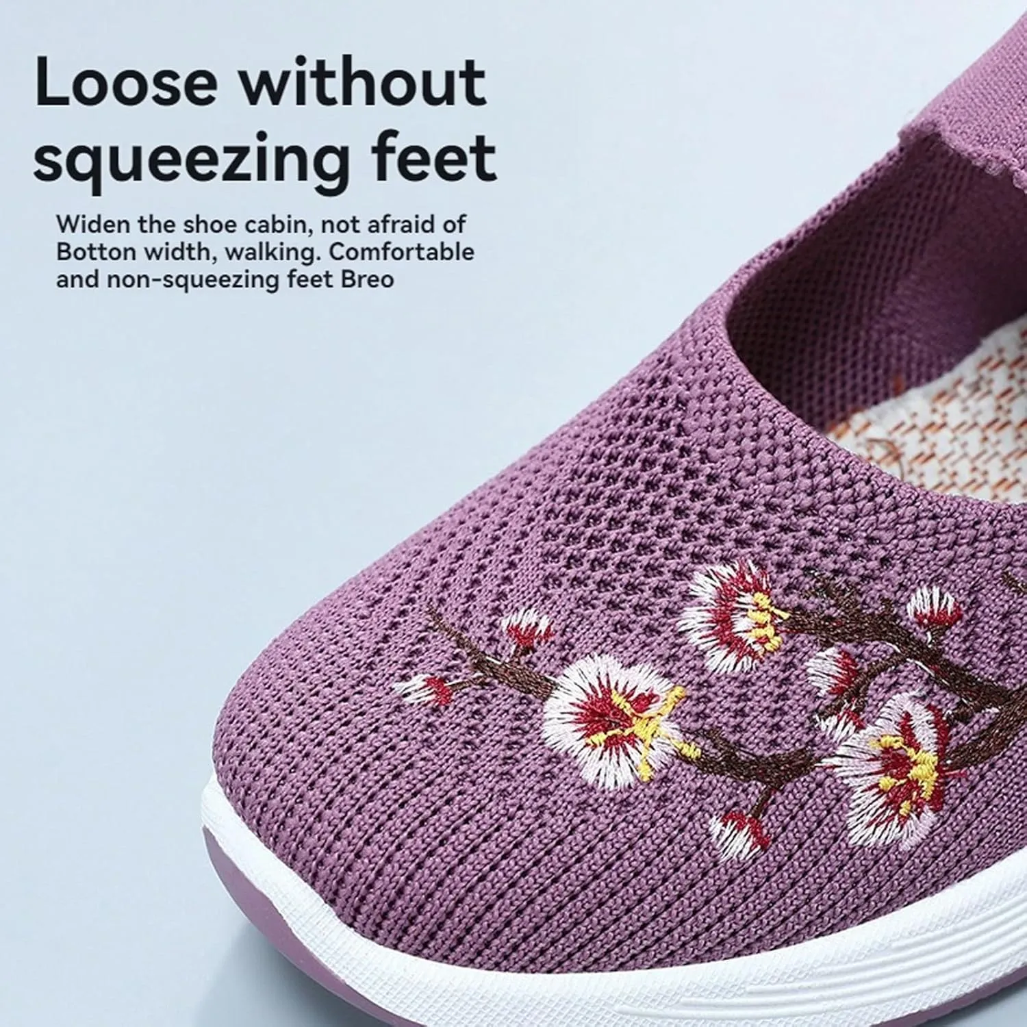Women's Flower Embroidered Knitting Flat Loafers Casual Breathable Mesh Slip-On Orthopedic Shoes Lightweight Comfortable Soft Sole Walking Shoes with Arch Support