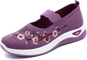 Women's Flower Embroidered Knitting Flat Loafers Casual Breathable Mesh Slip-On Orthopedic Shoes Lightweight Comfortable Soft Sole Walking Shoes with Arch Support
