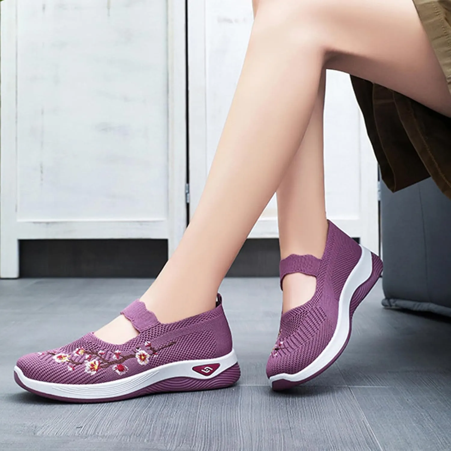 Women's Flower Embroidered Knitting Flat Loafers Casual Breathable Mesh Slip-On Orthopedic Shoes Lightweight Comfortable Soft Sole Walking Shoes with Arch Support