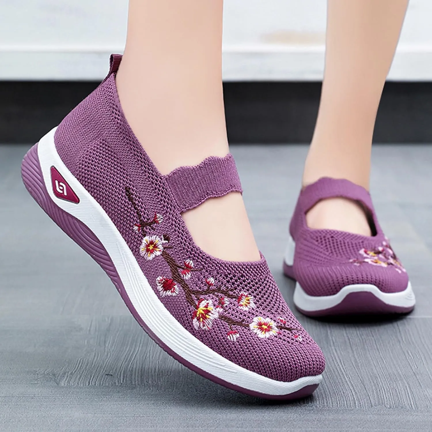Women's Flower Embroidered Knitting Flat Loafers Casual Breathable Mesh Slip-On Orthopedic Shoes Lightweight Comfortable Soft Sole Walking Shoes with Arch Support