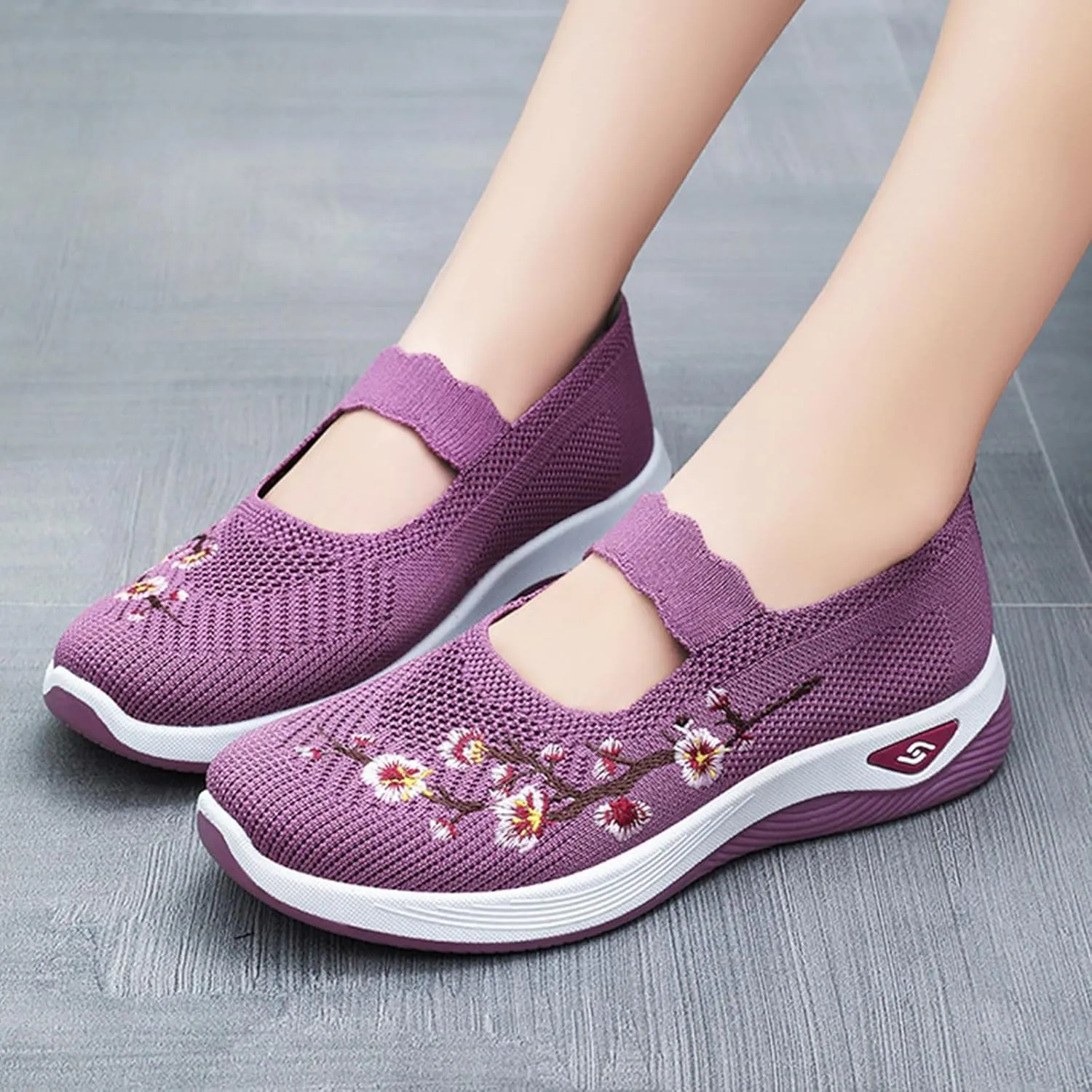 Women's Flower Embroidered Knitting Flat Loafers Casual Breathable Mesh Slip-On Orthopedic Shoes Lightweight Comfortable Soft Sole Walking Shoes with Arch Support