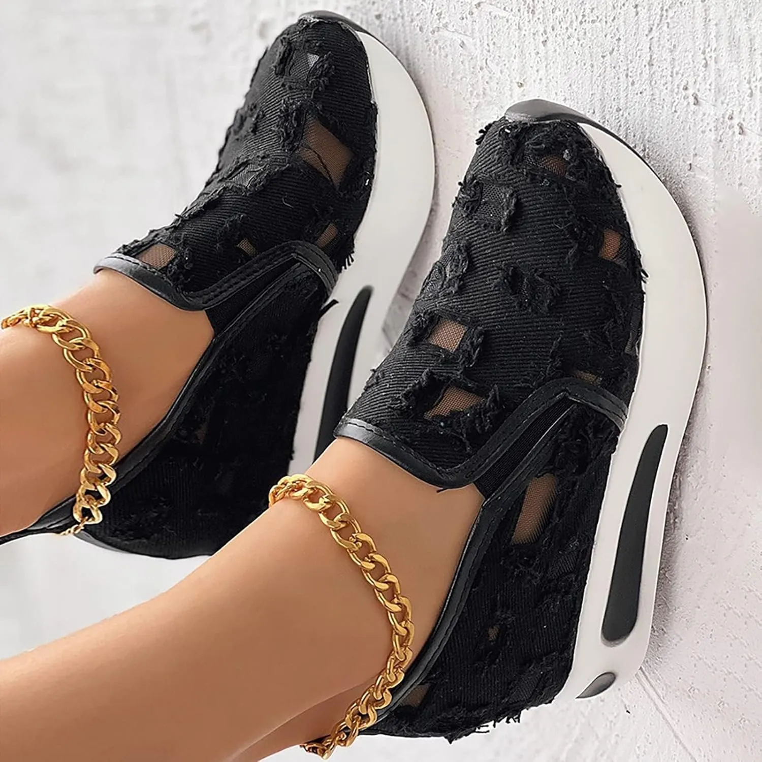 Women's Hollow Canvas Platform Loafers Mesh Slip On Walking Shoes Breathable Walking Work Shoes with Arch Support Non-Slip Wedge Casual Shoe