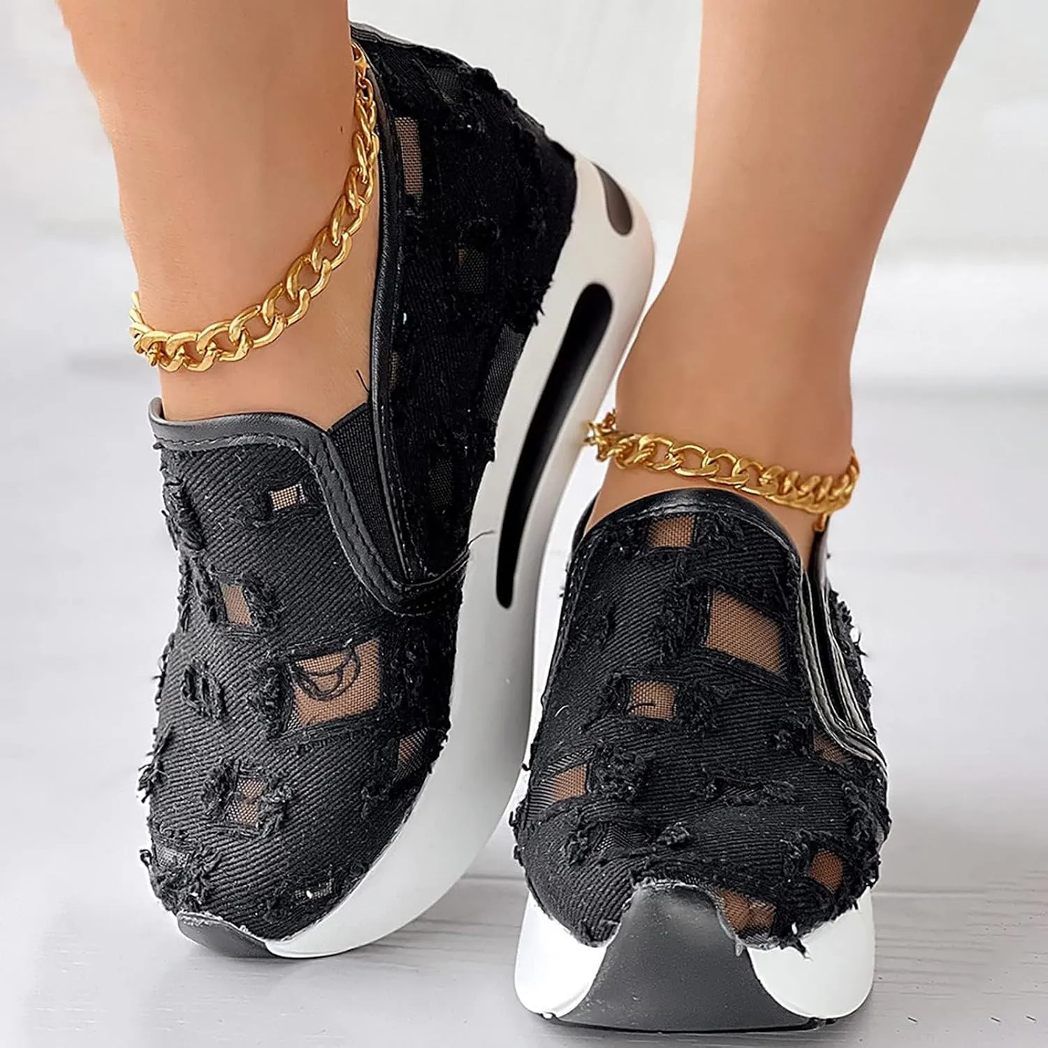 Women's Hollow Canvas Platform Loafers Mesh Slip On Walking Shoes Breathable Walking Work Shoes with Arch Support Non-Slip Wedge Casual Shoe