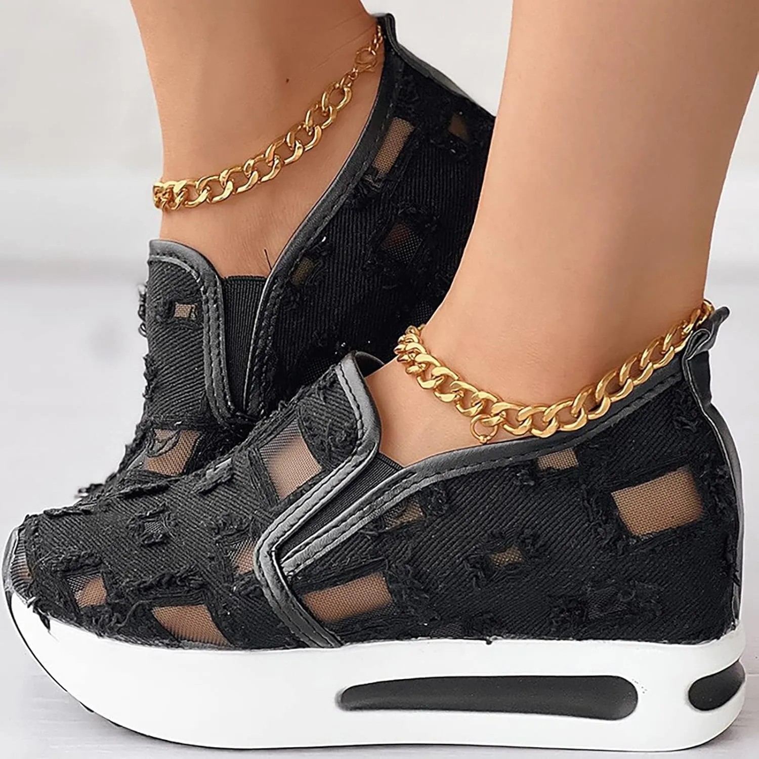 Women's Hollow Canvas Platform Loafers Mesh Slip On Walking Shoes Breathable Walking Work Shoes with Arch Support Non-Slip Wedge Casual Shoe
