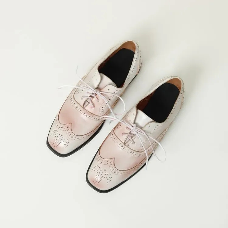 Women's Lace-Up Square Toe Low Heel Oxfords Brogues Shoes