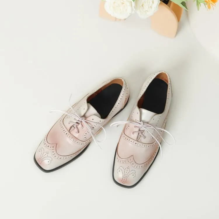 Women's Lace-Up Square Toe Low Heel Oxfords Brogues Shoes