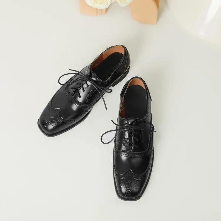 Women's Lace-Up Square Toe Low Heel Oxfords Brogues Shoes