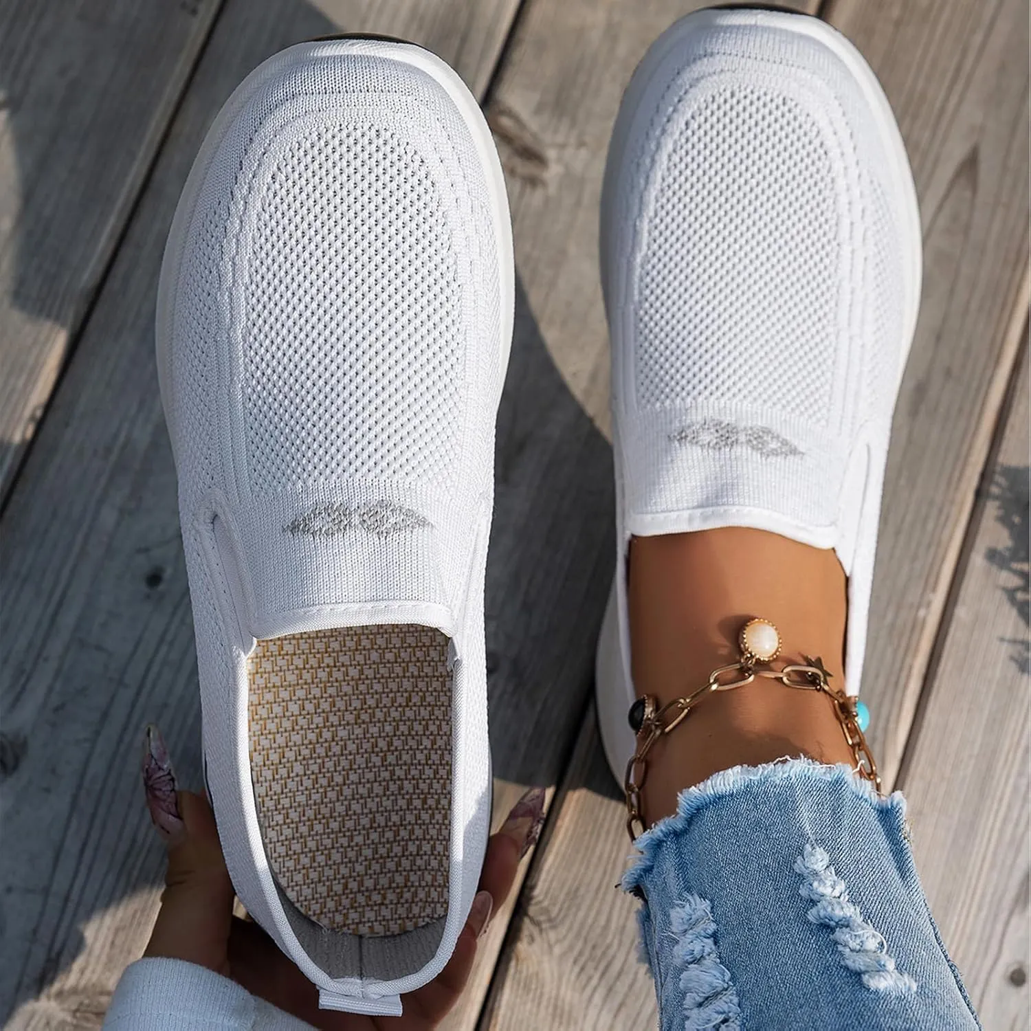Women's Orthopedic Breathable Shoes Summer Comfortable Woven Slip-On Sneakers Fashion Lightweight Mesh Hollow Out Soft Sole Walking Shoes with Arch Support