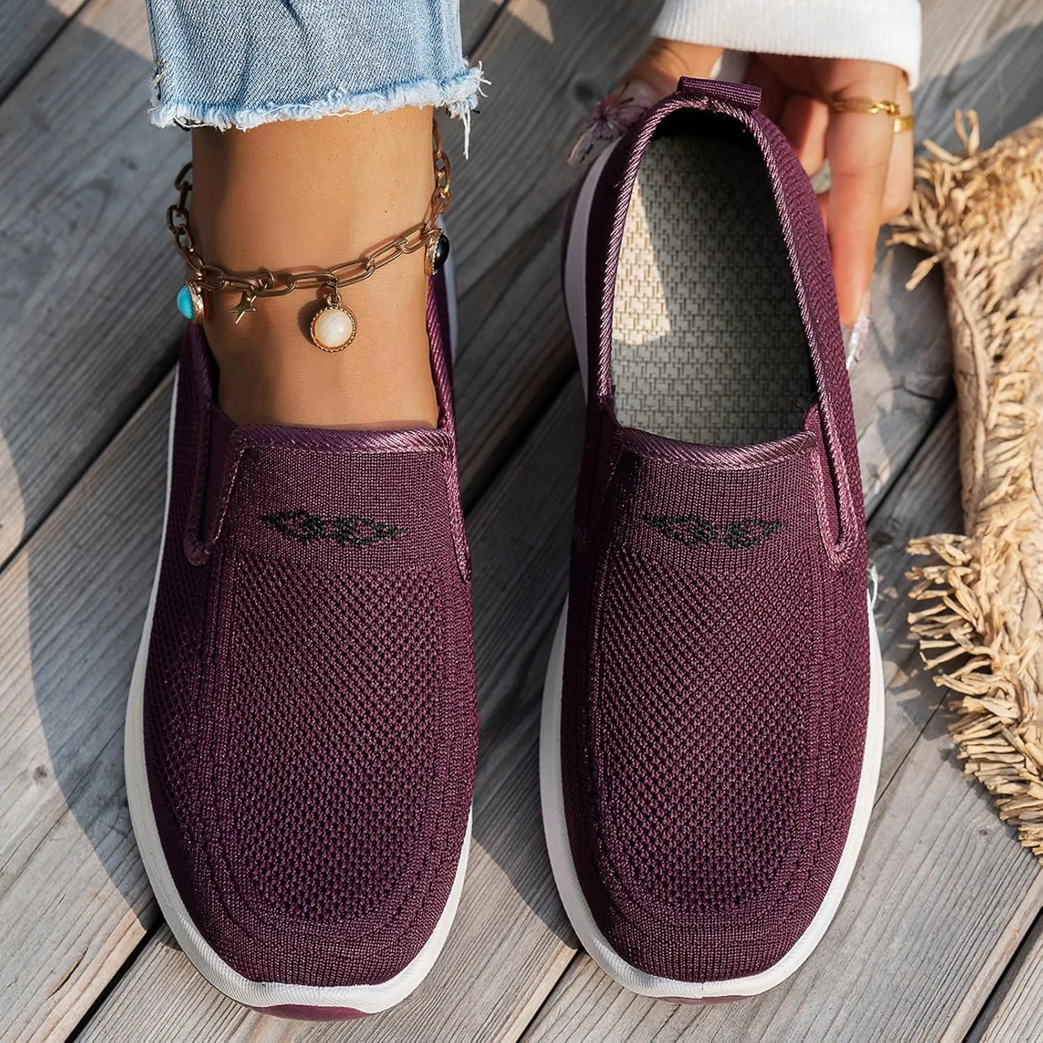 Women's Orthopedic Breathable Shoes Summer Comfortable Woven Slip-On Sneakers Fashion Lightweight Mesh Hollow Out Soft Sole Walking Shoes with Arch Support