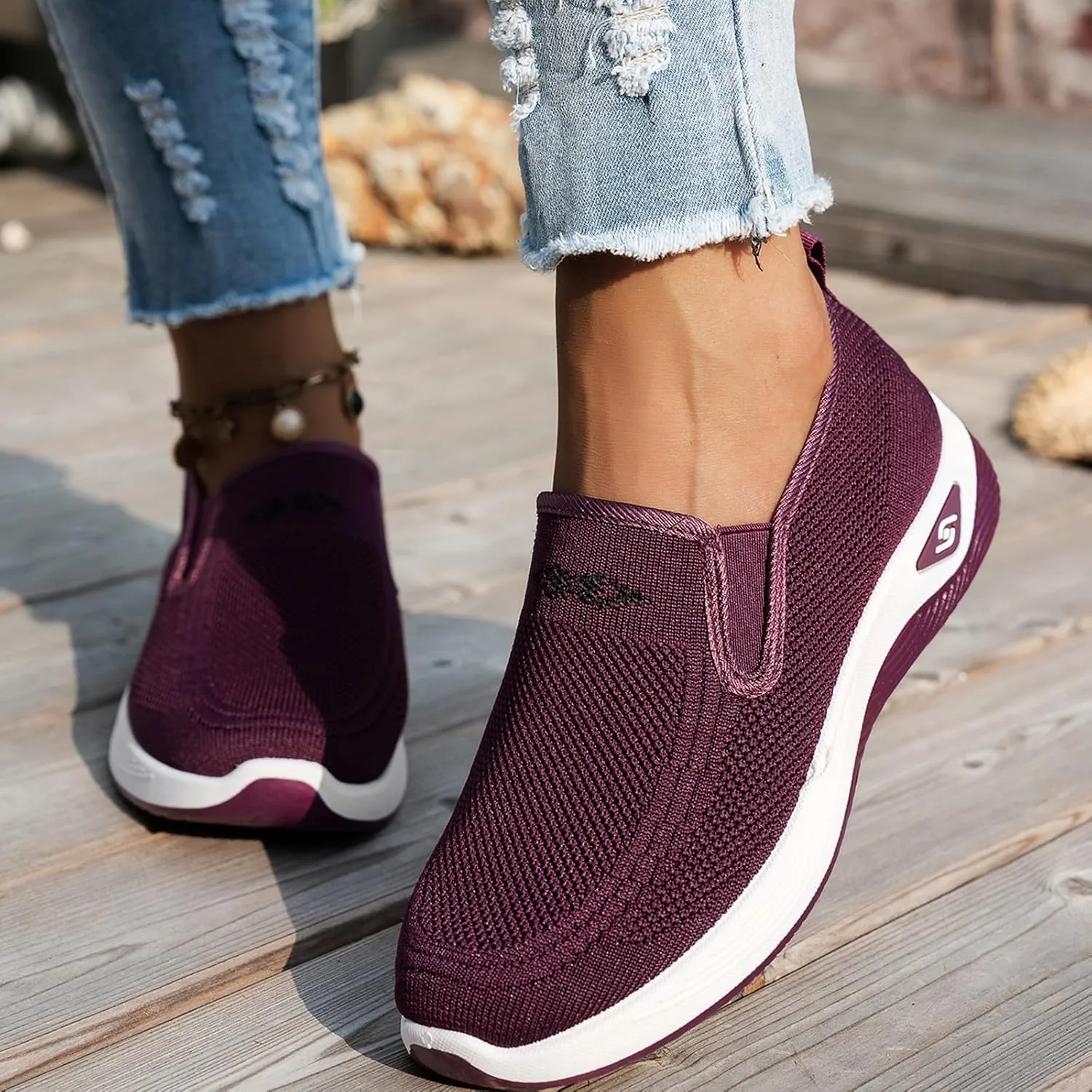 Women's Orthopedic Breathable Shoes Summer Comfortable Woven Slip-On Sneakers Fashion Lightweight Mesh Hollow Out Soft Sole Walking Shoes with Arch Support