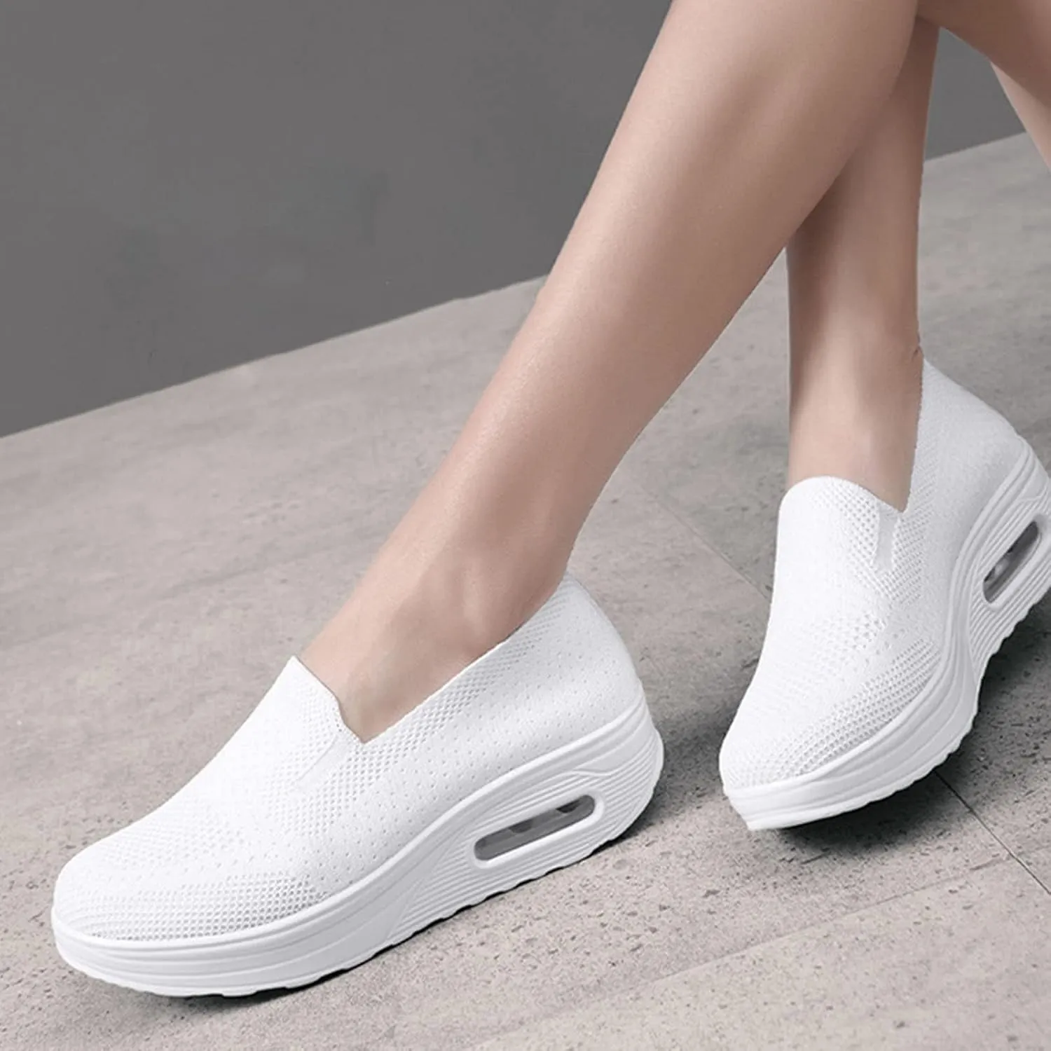 Women's Orthopedic Sneakers Summer Casual Breathable Mesh Hollow Out Slip on Walking Shoes Trendy Comfortable Air Cushion Stretch Diabetic Platform Sneakers with Arch Support