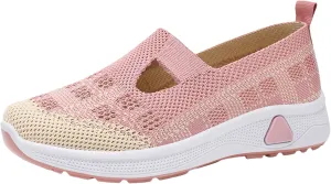 Women's Orthopedic Walking Shoes Lightweight Breathable Knitted Hollow Out Soft Sole Sneakers Summer Comfortable Slip On Round Toe Ballet Flats with Arch Support