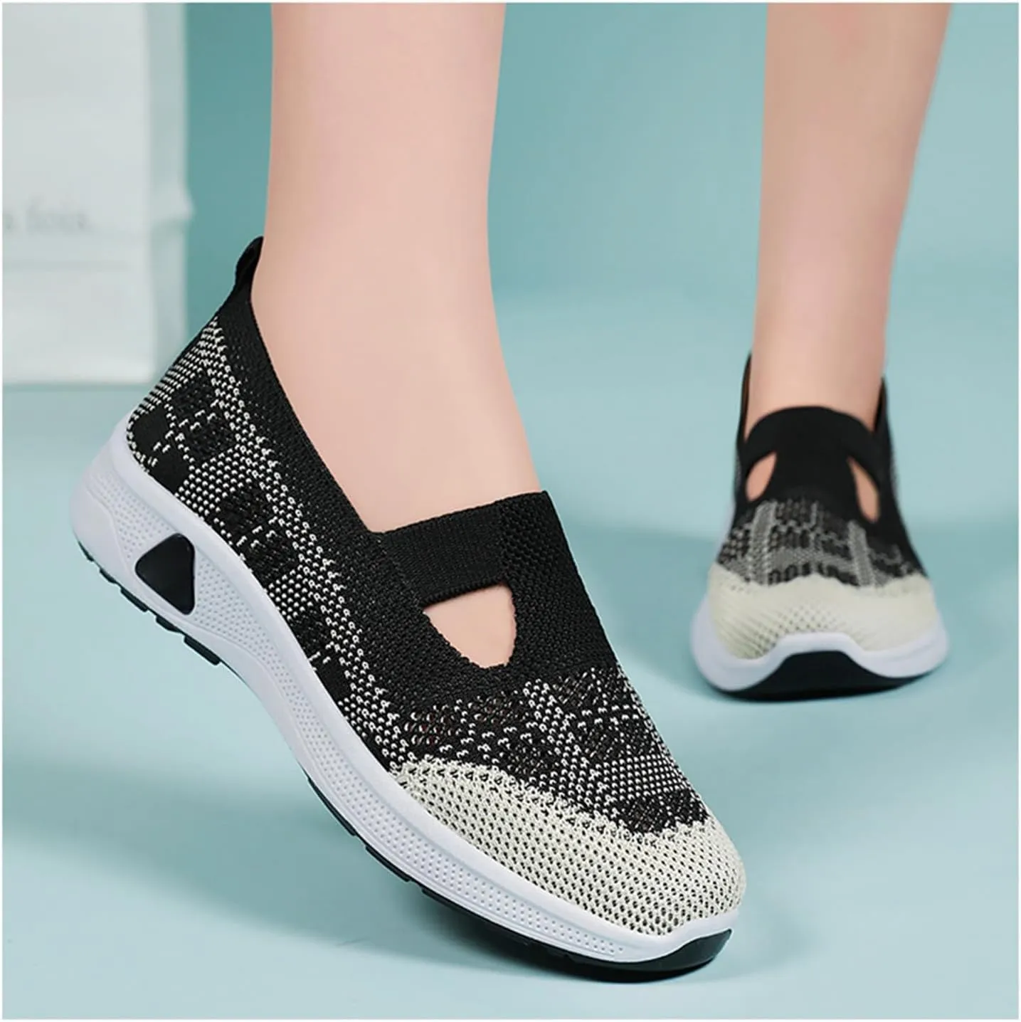 Women's Orthopedic Walking Shoes Lightweight Breathable Knitted Hollow Out Soft Sole Sneakers Summer Comfortable Slip On Round Toe Ballet Flats with Arch Support